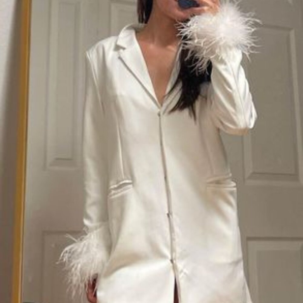 blazer dress with fur trim
